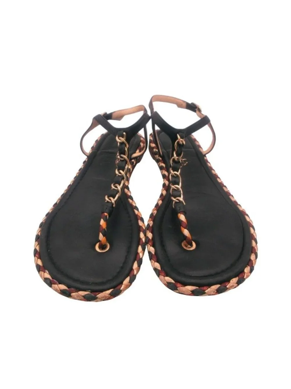 Chanel Sandals Gold Chain T Strap CC Logo Charm Leather Mesh Braided Shoes